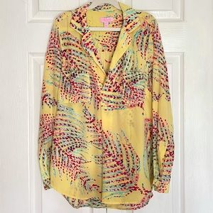 Lilly Pulitzer Starfruit Yellow Lush Print 100% Silk Boston Popover Blouse XS